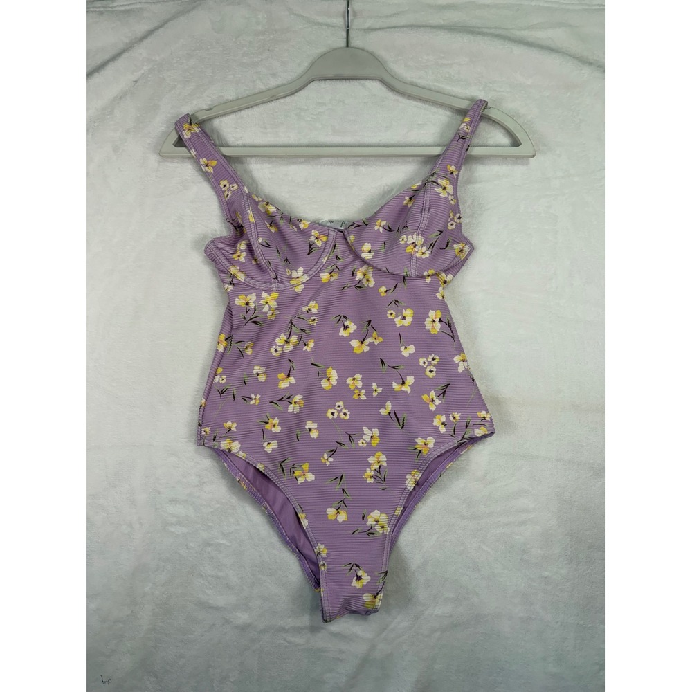 Billabong One Piece Swimsuit S Lavender Floral Ribbed Underwire Hike Womens